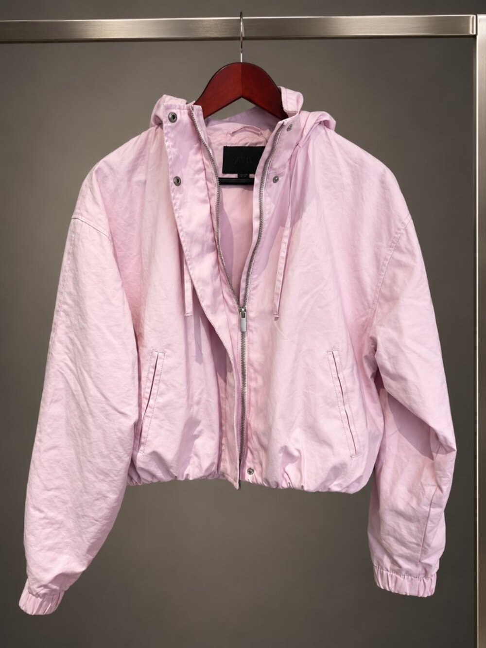 ZARA Light Pink Cropped Hooded Bomber Jacket Elastic Hem Drawstring Hood XS